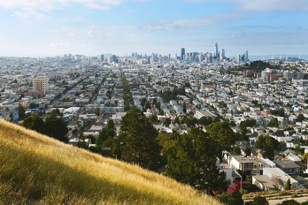 A cityscape view of San Francisco with grassy hills in the foreground and skyscrapers in the distance.