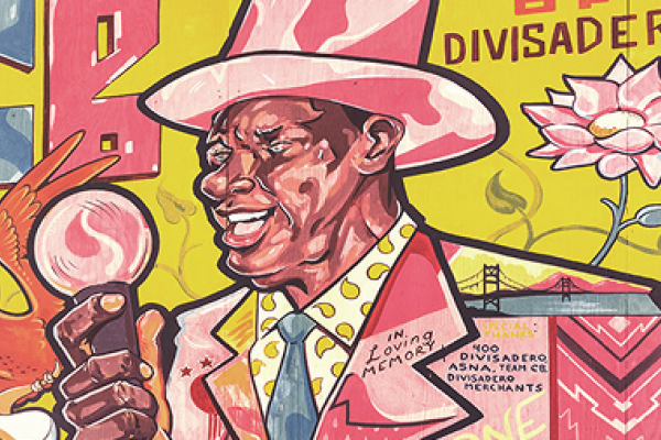 Colorful mural of a man in a pink hat singing into a microphone, with flowers and city elements in the background.