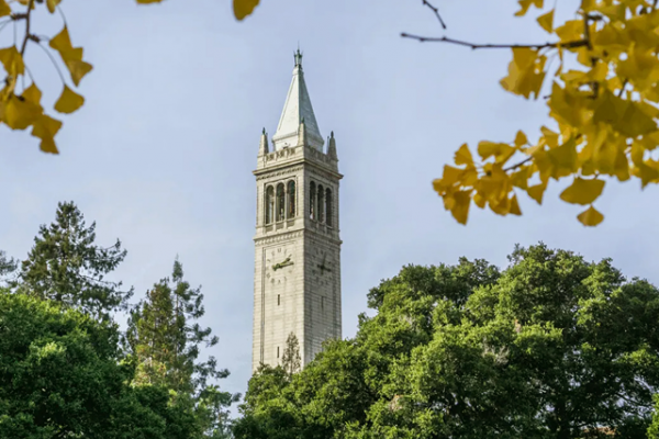 The Campanile clock tower at UC Berkeley rises above green trees and yellow leaves against a clear sky.