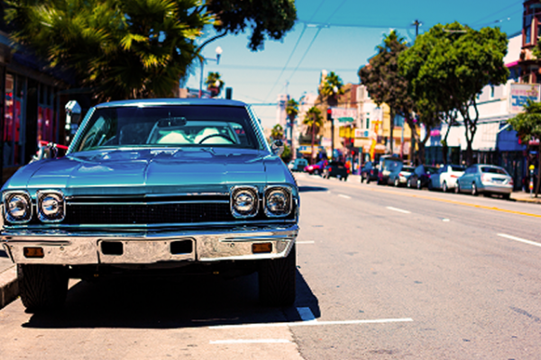 Classic blue car parked on a sunny street lined with palm trees and colorful buildings.