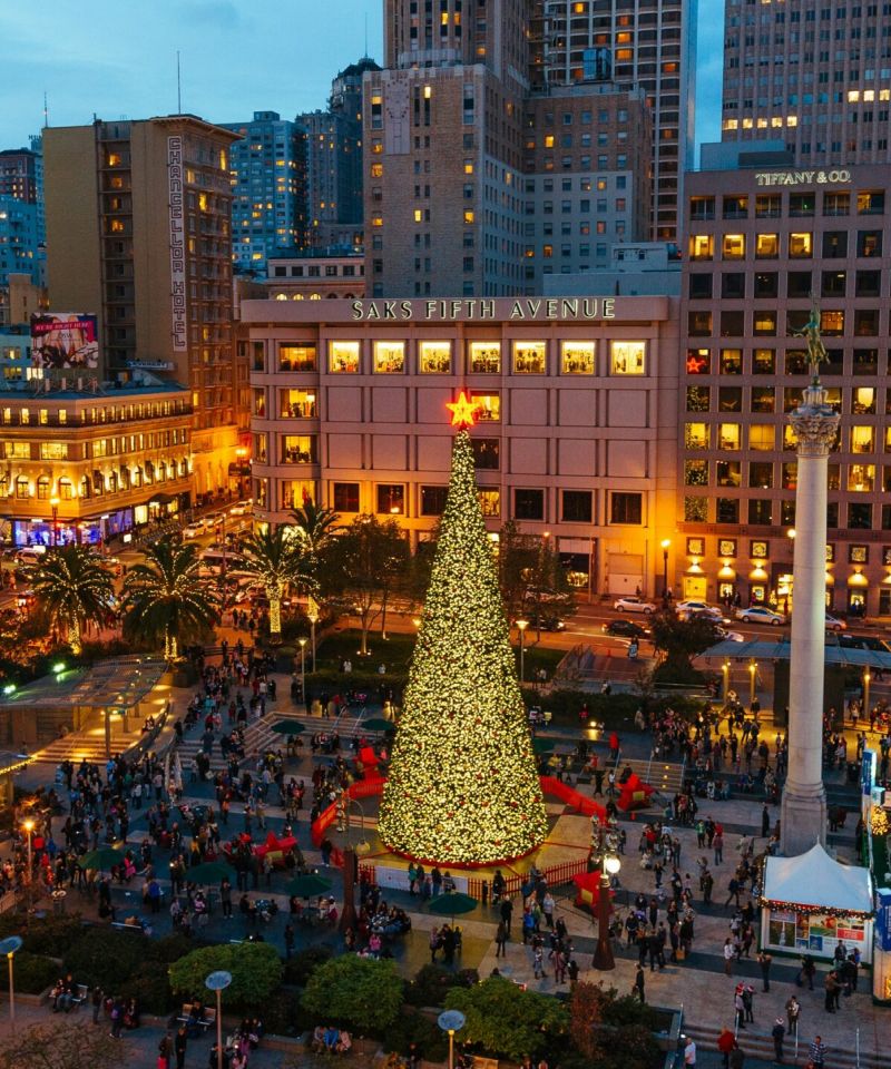 A large Christmas tree glows in a busy city square at dusk, surrounded by tall buildings and crowds of people.