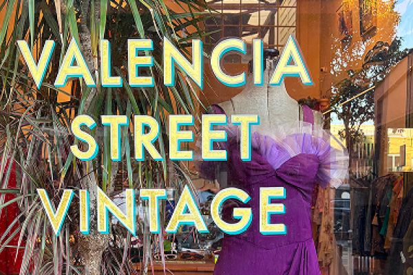 Storefront window reading "Valencia Street Vintage" with a mannequin in a purple dress behind it.