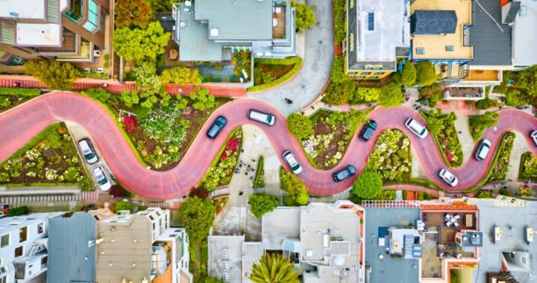Aerial view of Lombard Street, the famous crooked street in Russian Hill.