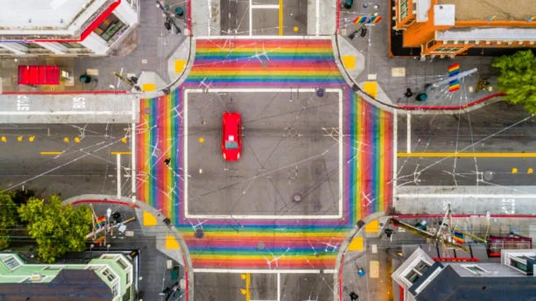 Aerial view of rainbow-painted crosswalks in the Castro District.