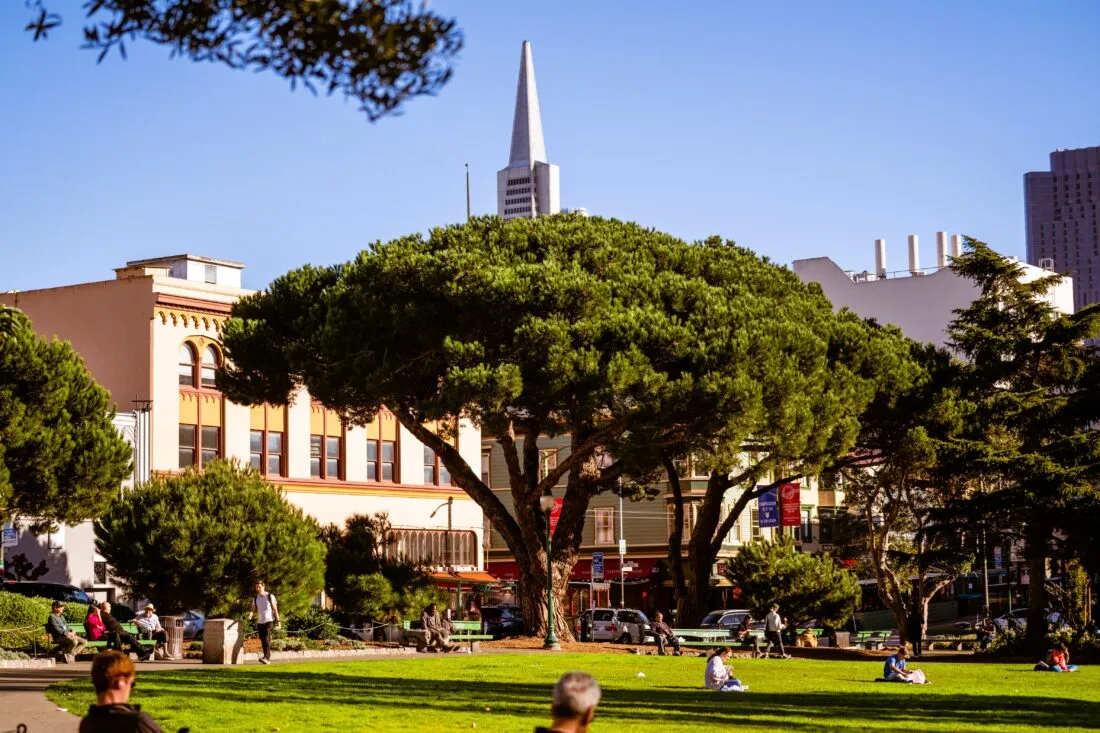 Washington Square Park with Saints Peter and Paul Church in North Beach San Francisco.