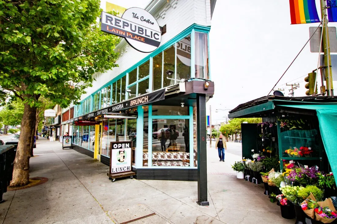 – Corner café with rainbow flags in Duboce Triangle San Francisco.