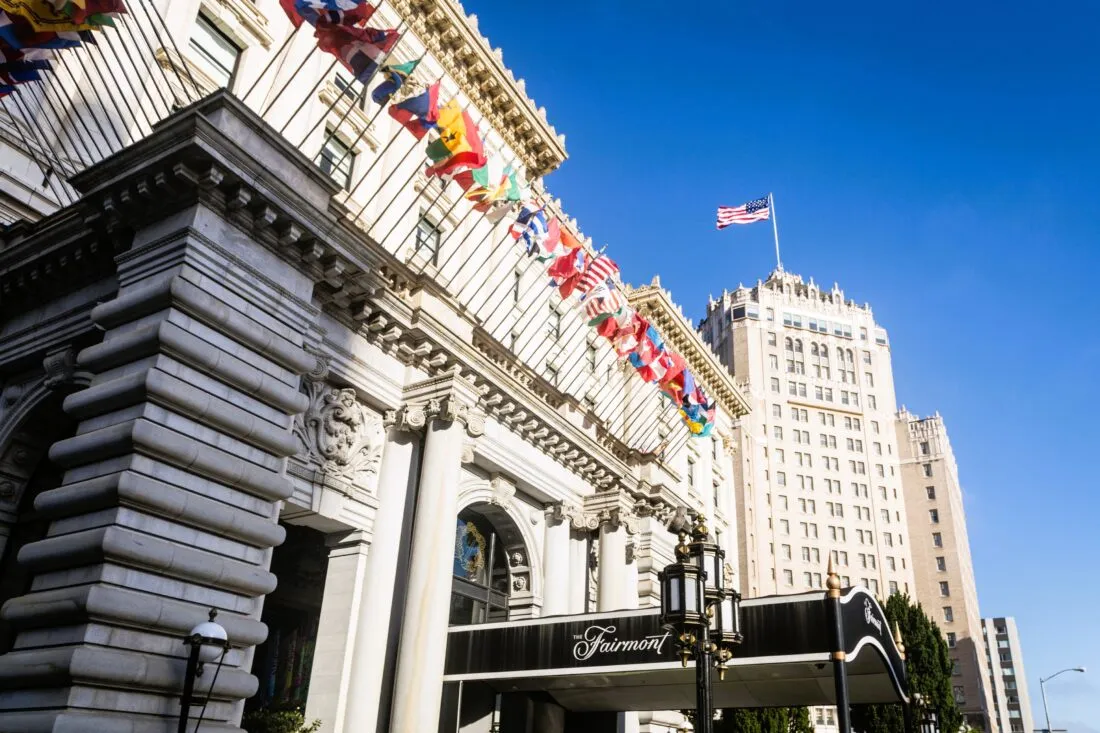 Fairmont Hotel and flags in Nob Hill San Francisco.