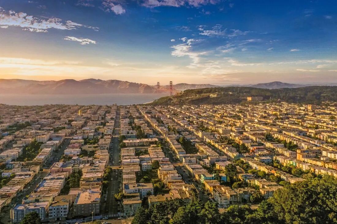 Aerial sunset view of Richmond San Francisco neighborhood.