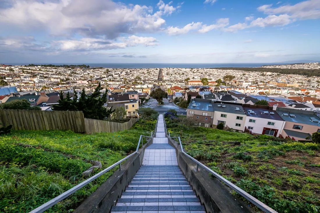 Scenic view from 16th Avenue Tiled Steps in Inner Sunset San Francisco.